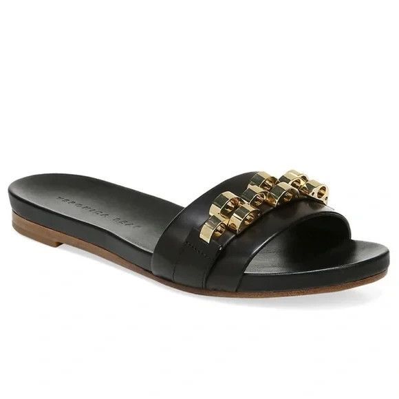 Veronica Beard ENI Black Chain-Trimmed Leather Slides Gold hardware Size 8.5 - Picture 2 of 8